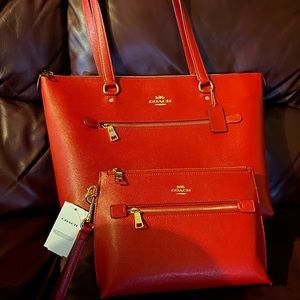 Brand New Coach Gllery Tote Shoulder Handbag (IM/1941 Red) and Coach Rowan pouch